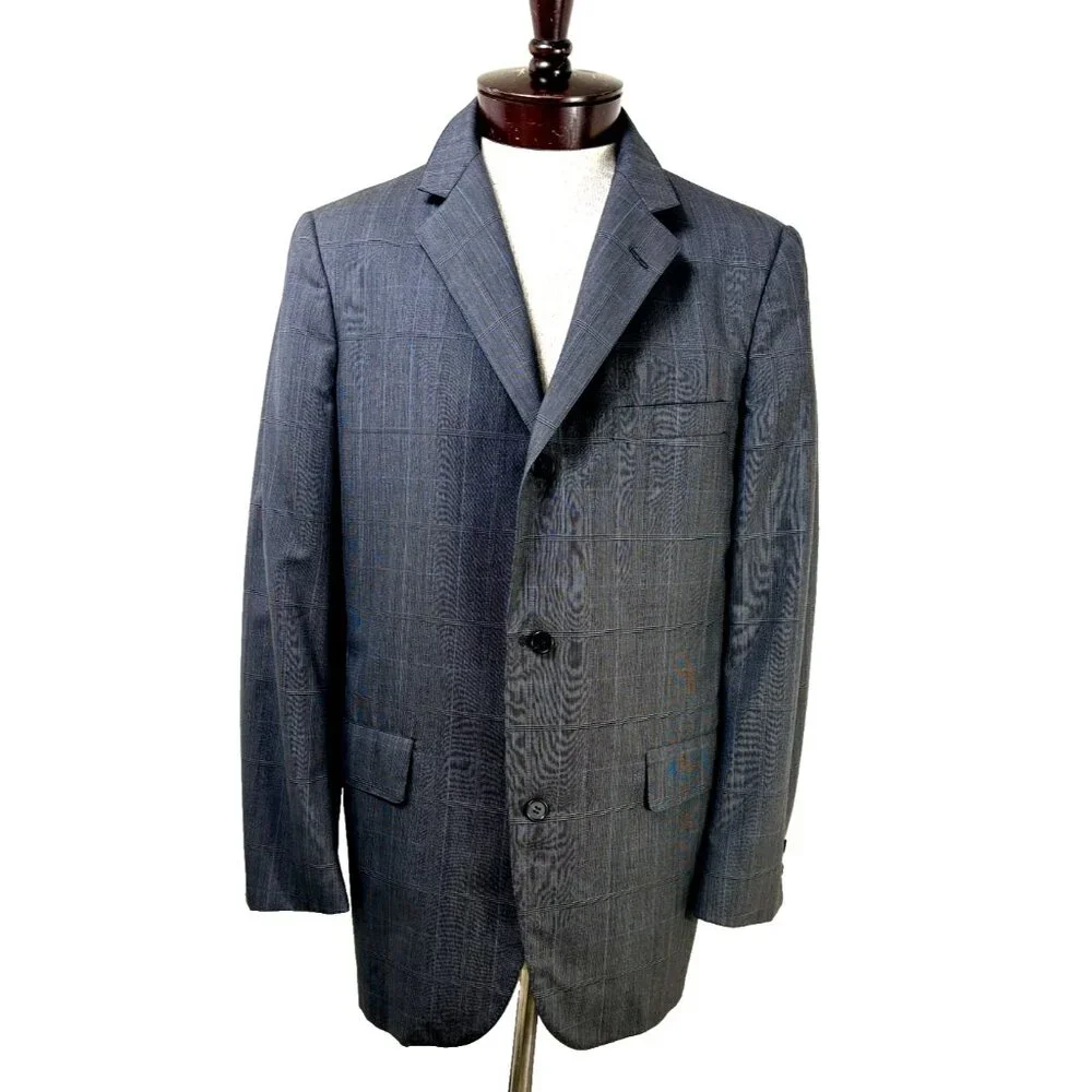 Brooks Brother Men's Sport Coat Blazer Size 41L Windowpane Gray Blue Suit Jacket